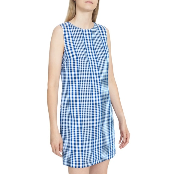 NEW Theory Easy Crewneck Shift Dress in Plaid Linen Blend Sz. 0 - Picture 2 of 3